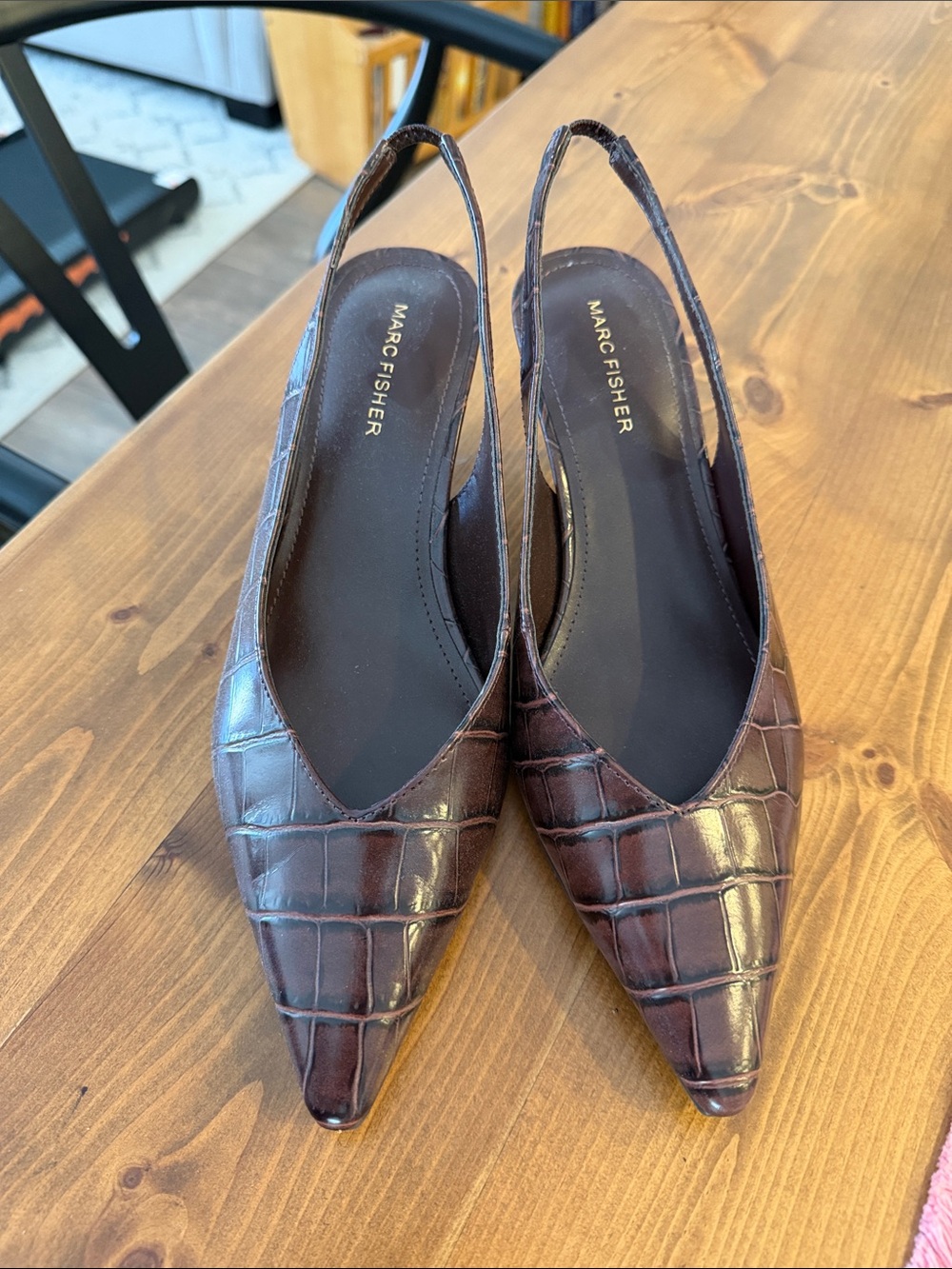 Marc Fisher Brown Croc-Embossed Slingback Pointed Toe Mules